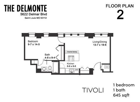 Floor plan for 1 bed, 1 bath, 645 sqft